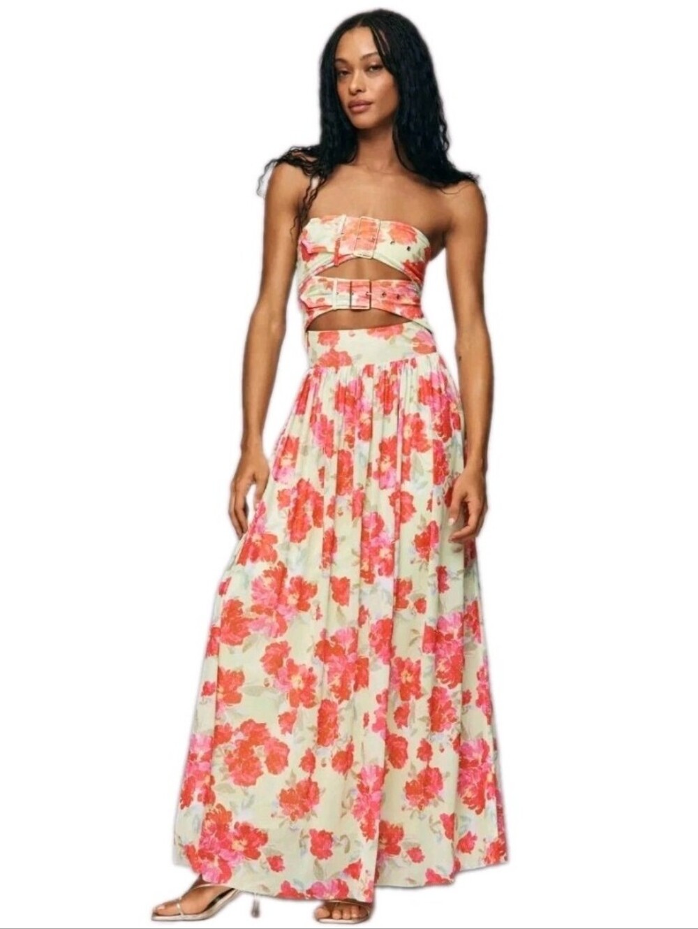 Anthropologie AFRM Pink Lime Green Floral Strapless Cutout Buckle MaxiDress: XL
